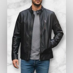Express Mens Black Faux Leather Moto Biker Jacket Size XL